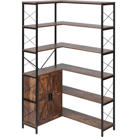 Étagère d'angle à 6 niveaux, bibliothèque d'angle haute avec portes, grand meuble de rangement en forme de L avec structure métallique et étagères réglables, présentoir à livres pour la maison et le b (1/5)