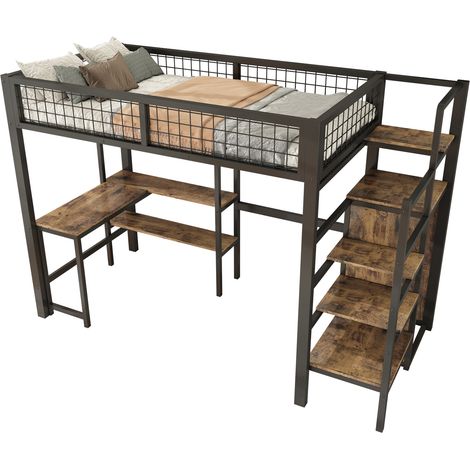 Letto a Soppalco Singolo con Scrivania, Scaffali e Armadio 90 × 200 cm, senza Materasso, Metallo e MDF (1/5)