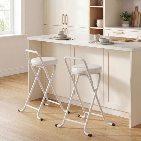Sgabelli da bar pieghevoli, set da 2, nessun montaggio richiesto, sedie da bar, seduta imbottita, altezza 63 cm, struttura in acciaio, bianco