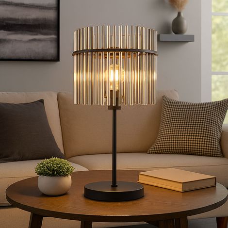 LED Tischleuchte Glasstäbe rauch klar Beistelllampe schwarz Schlafzimmerlampe Nachttischlampe, Metall, 1x 7W 806Lm warmweiß, H 54,5 cm