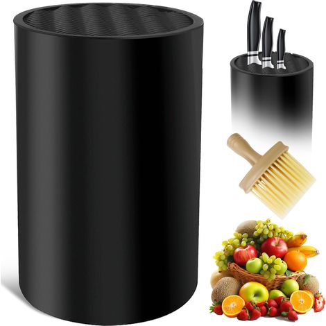 Bloc Couteaux Cuisine Vide Noir - Design Ondulé avec Support Porte 20 couteaux - Bloc Cuchillos Vide Antidérapant et Ventilé avec Brosse et Boîte de Rangement (1/5)