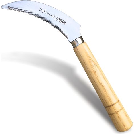 Faucille à herbe dentelée et houe de désherbage japonaises Lame en acier haute résistance avec manche en bois massif (Marron)