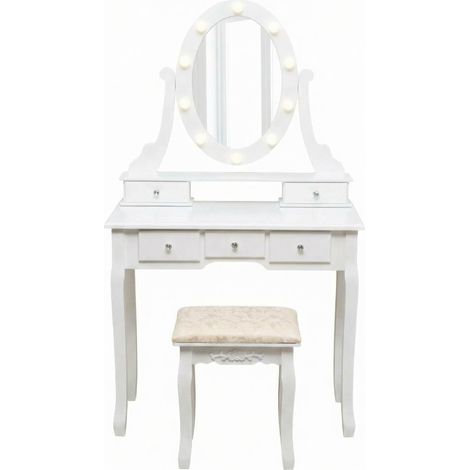 Coiffeuse moderne miroir LED réglable, 5 tiroirs, tabouret blanc (1/5)