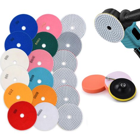 Lot de 16 Tampons de Polissage Diamant,125mm Patins de Ponçage, avec Support en Caoutchouc M14 et Feutre de Laine, pour Marbre, Granit, Béton, Carrelage, Pierre,50-10000 pour Meuleuses D'angle, Forets
