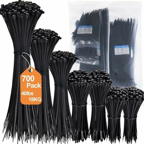 700 Pieces Nylon Cable Ties 3.6mm x 100/150/200/250/300mm - Heavy Duty Black Cable Ties for Home, Office, Gardening and Workshop - UV Resistant (1/3)