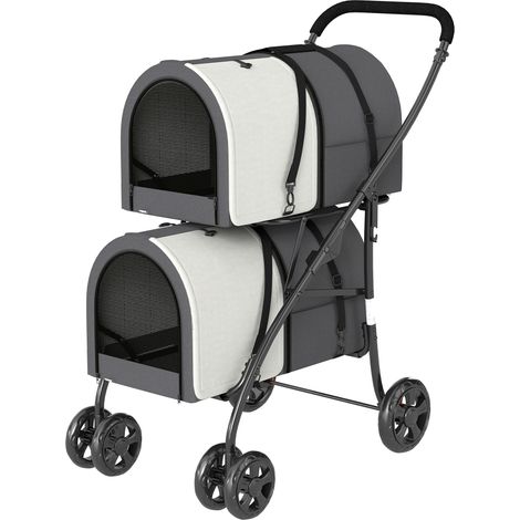 Carrito Double pour Perros Chats Pliable avec 2 Transportines Extraíbles avec Cinturón y Cojines 66x50x98cm Gris Oscuro (1/5)