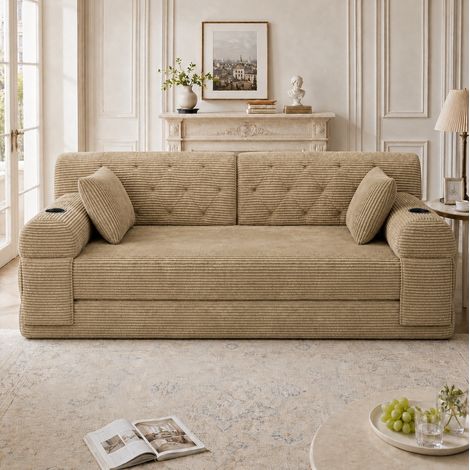 Divano letto 168/162 cm in corda color kaki con schienale alto e 4 tasche laterali (1/5)