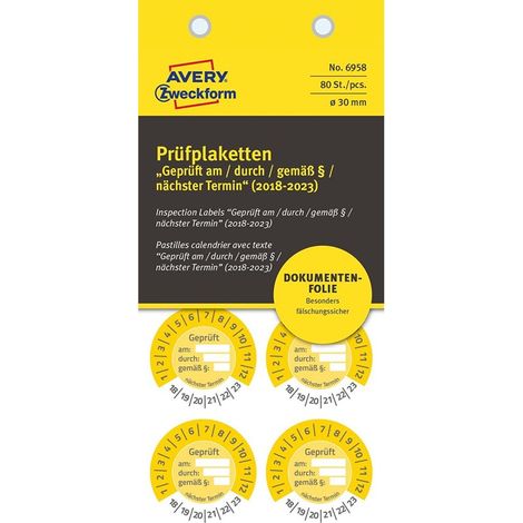 80x Prüfplaketten Geprüft am/durch/gem.§/Termin 2018-2023 30mm Gelb Folie (1/4)
