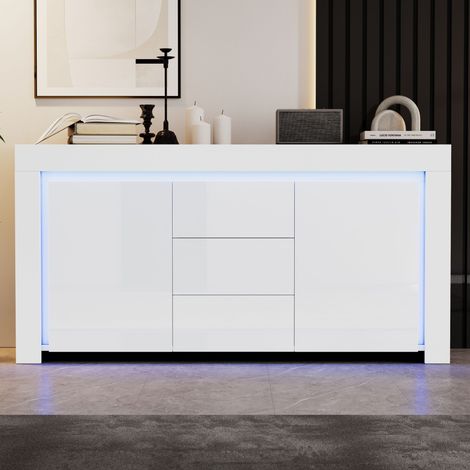 Meuble de rangement blanc brillant 140x40x65cm, buffet haut moderne avec bande LED, 3 tiroirs et 2 portes, commode design pour couloir, salon ou bureau
