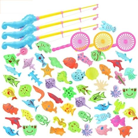 Jeu de pêche magnétique pour enfants, jouet de bain avec canne à pêche, épuisette et poissons flottants en plastique, motif animaux marins colorés, idéal pour les tout-petits de 3 à 6 ans. (1/5)