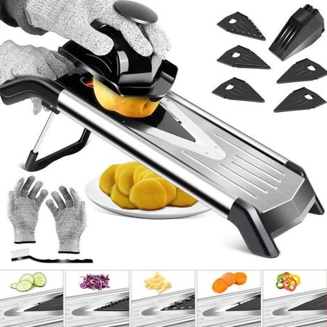Mandoline Inox professionnelle - 5 lames en V (1,5/2,5/3,5 mm tranches, 3/7 mm julienne) (1/4)