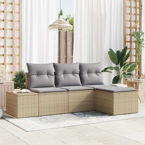 Garten-Sofa-Set mit Kissen 4 pcs Beige und Hellgrau Poly-Rattan