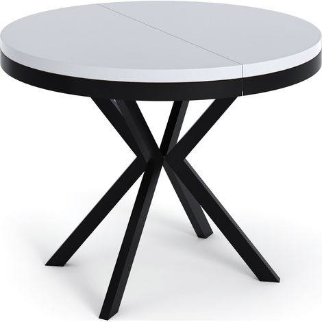 Runder Ausziehbarer Esstisch - Loft Style Tisch mit Metallbeinen - 90 bis 170 cm - Industrieller Tisch für Wohnzimmer - Kompakt - 90 cm - Weiß