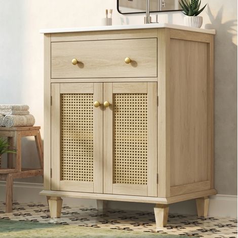 Meuble vasque 61x47x87 cm en MDF et céramique naturel, avec rangement pour salle de bain FloraGrace (1/5)