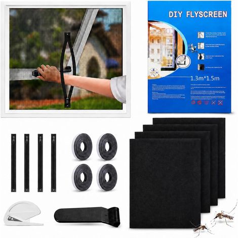 Moustiquaire Fenetre 130x150cm 4 Pièces avec Ouverture Zippée Filet Anti-Insectes Noir Adhésif Sans Percage, Découpable avec Bande pour Fenêtre Maison (1/5)