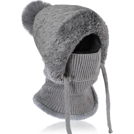 Bonnet cagoule femme hiver tricot doublé polaire pompon gris (1/5)