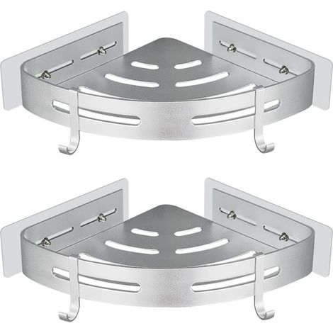 Étagère de Douche d'angle sans Perçage Adhésif Etagere de Rangement Douche Angle Organisateur Salle de Bain Argent en Aluminium Mural 2 Pièces Porte Gel Shampoing Douche (1/5)
