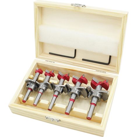 Lot de 5 forets en acier au carbone de 15 mm, 20 mm, 25 mm, 30 mm et 35 mm, à positionnement réglable, pour le travail du bois et le perçage de trous pivotants. Convient pour le bois tendre et dur.