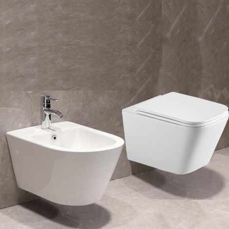 WC suspendu sans rebord ET bidet mural, siège amovible Soft Close, chasse d'eau rotative