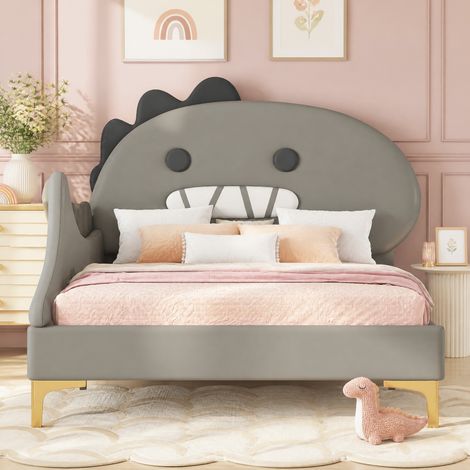 MEUBLIV Lit 90x200 cm gris – tête de lit dinosaure en PU et MDF décoratif, sans matelas (1/5)