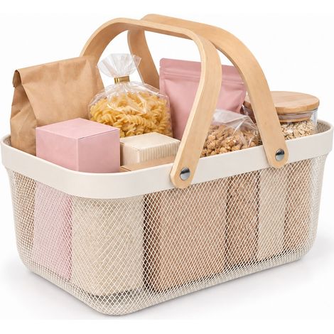 Relaxdays Wire Storage Basket with Handles, Square, Metal & Wood, HWD: 17.5 x 43 x 27cm, Cream