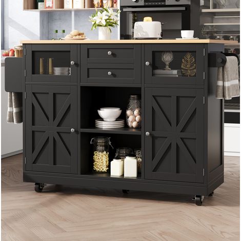 Desserte de cuisine 140/70/93,5 cm noire avec plateau rabattable et 2 tiroirs (1/5)
