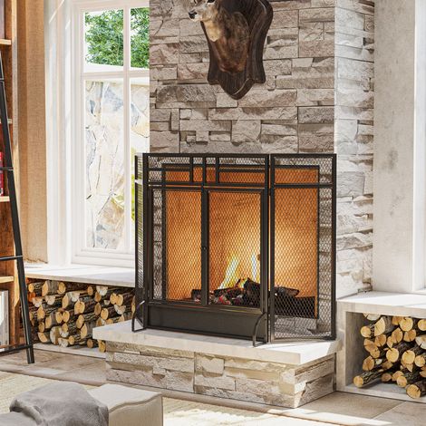 Pantalla antichispas para chimenea, protector contra incendios, barrera de seguridad con 3 paneles plegables y puerta, 120 x 79 cm (1/5)