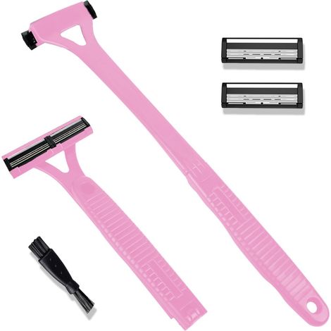 Rasoir manuel rose pliable avec têtes à trois lames remplaçables — Rasoir détachable avec long manche pour le corps et la barbe (1/4)