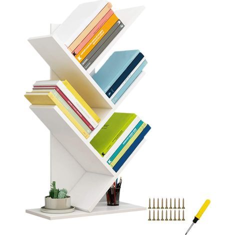 Baumförmiges Bücherregal, Bücherturm aus Holz (weiß) (1/5)