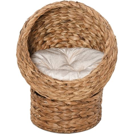 Corbeille pour chat en jacinthe d'eau avec coussin amovible, 50 x 42 x 60 cm, marron (1/5)