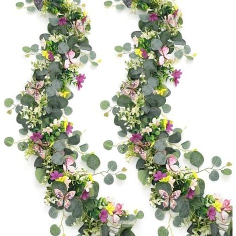 2 Pièces 5.68FT Guirlande de fleurs artificielles, décoration eucalyptus avec papillons 3D, pour mariage jardin mur fête (1/5)