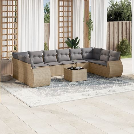 Ensemble Salon Jardin 11 Pièces avec Table Verre Trempé et Coussins Résine Tressée Beige (1/5)