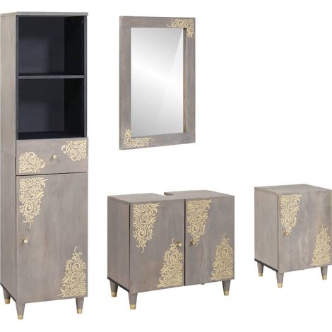 Badezimmerschrank-Set Wandmontiert 4 pcs Grau Massivholz Mango (1/5)
