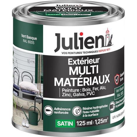 Julien Peinture Multi-Matériaux Satin en phase Aqueuse - Bois, Fer, Alu, PVC, Zinc, Acier galvanisé, brut ou peint - Vert Basque 0,125 L