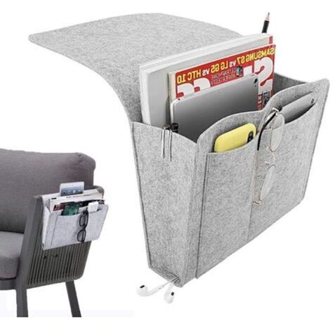Chevet Canapé Organisateur, Poche de lit de Chevet, Sac de Rangement à Suspendre, pour Téléphone, Télécommande, Magazine, Lunettes, Livre, Pad Avec Trous de Câble et 5 Poches (Gris Clair) (1/4)