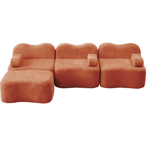 Sofá Rinconera Modular de 3 Plazas Sin Estructura, Asiento Profundo, Cojín de Brazo Móvil, Terciopelo Naranja (1/5)