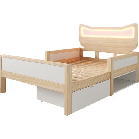 Letto per bambini 90x200 cm con testiera a forma di gatto, LED RGB, cassetto, bianco e rovere (1/5)