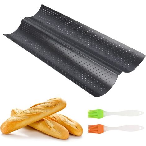 Moule À Baguette - Plaque À Pain 38 X 16 3 Cm Avec Rainures Pour 2 Baguettes - Acier Au Carbone Antiadhésif - 2 Brosses En Silicone Incluses (1/5)