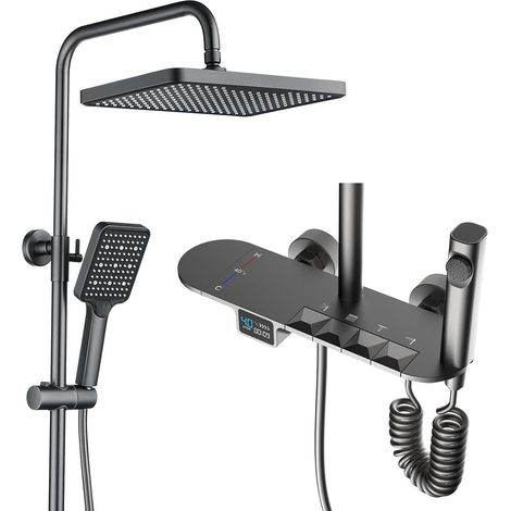 Ensemble de Douche Thermostatique, 30x20cm Carré Colonne de Douche, Touches du Piano Systèmes de Douche avec Affichage Numérique LED, Douchette, Robinet de Bain, Laiton Vanne, Réglable Hauteur (1/5)