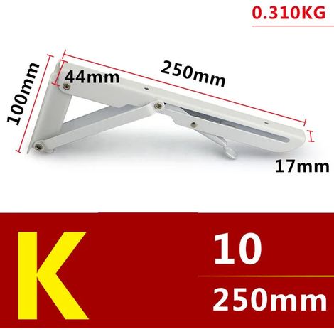 (K-10x2-Blanc-FR) Lot de 2 équerres triangulaires pliables blanches, réglables, à fixation murale, robustes et durables, pour étagère, table ou banc. (1/5)