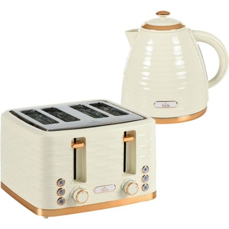 3000W 1.7L Rapid Boil Kettle and 4-Slice Toaster Set with 7 Browning Settings and Crumb Tray in Beige