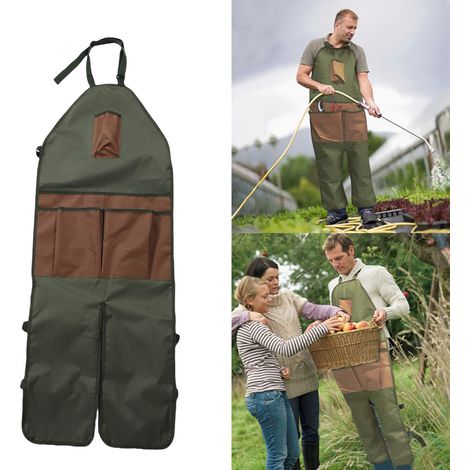 Tablier de jardinage en tissu Oxford 600D imperméable, long et ajustable, avec protection des jambes et multiples poches pour la cueillette, la taille et les travaux extérieurs. Vert avec poches marro (1/5)