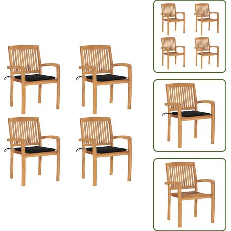 The Living Store Stapelbare Gartenstühle mit Kissen 4 Stk. Massivholz Teak - Teakholz (1/5)