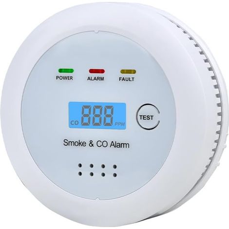 1 Detector combinado de humo y monóxido de carbono 2 en 1-Alarma contra incendios y CO con pantalla LCD, alarma audible de 85 dB, batería no incluida (1/5)