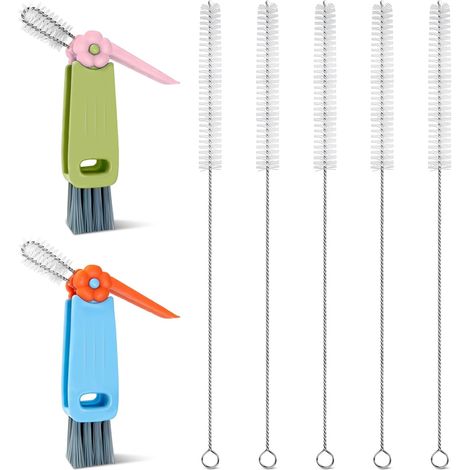 7 pièces ensemble de brosses de nettoyage pour fentes de couvercle de gobelet et brosses pour pailles, nettoyeur de paille en métal réutilisable, kit de nettoyage de bouteille multifonction pour gobel (1/5)