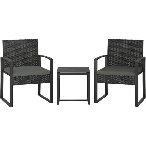 Salon de Jardin Encastrable Rotin 3 Pièces Ensemble Bistro 2 Chaises Table Basse Coussin Amovible Gris Foncé (1/5)