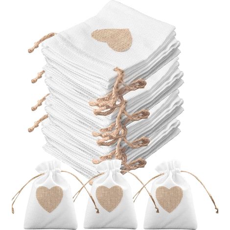 30pcs Sachet Tissu en Jute à Motifs de Cœurs 10 14cm Pochette Tissu Cordon Sachet Jute Petit Pochon Tissu Sacs Cadeaux pour Mariage Bonbons Baptêmes Bijoux Anniversaire Noël(Blanche) (1/5)