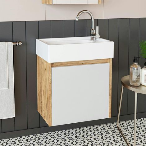 Lave-mains suspendu blanc et décor pin 1 porte LUA (1/5)