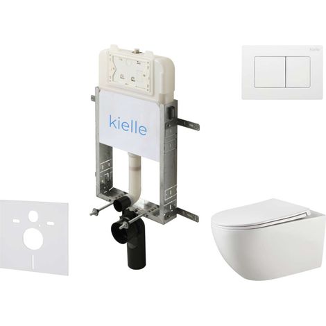 kielle Genesis New - Set di installazione pre-parete, WC Gaia, Rimless, sedile softclose e pulsanti Gemini New III, bianco lucido 30528SZ16