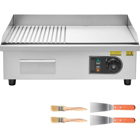 Plancha électrique professionnelle 535x300 mm, 3200W, température réglable 50-300°C, corps en acier inoxydable, surface mi-rainurée mi-lisse, avec 2 spatules, 2 brosses et 4 patins antidérapants, idéa (1/5)